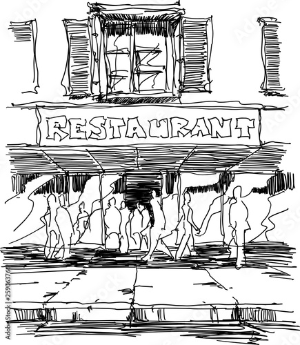 hand drawn sketch of entrance to a restaurant situated on the street with lots of people walking on pavement and into the building
