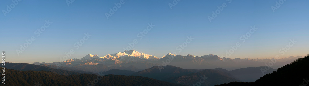Kanchenjunga Range in Himalayas, panorama photography taken in the morning