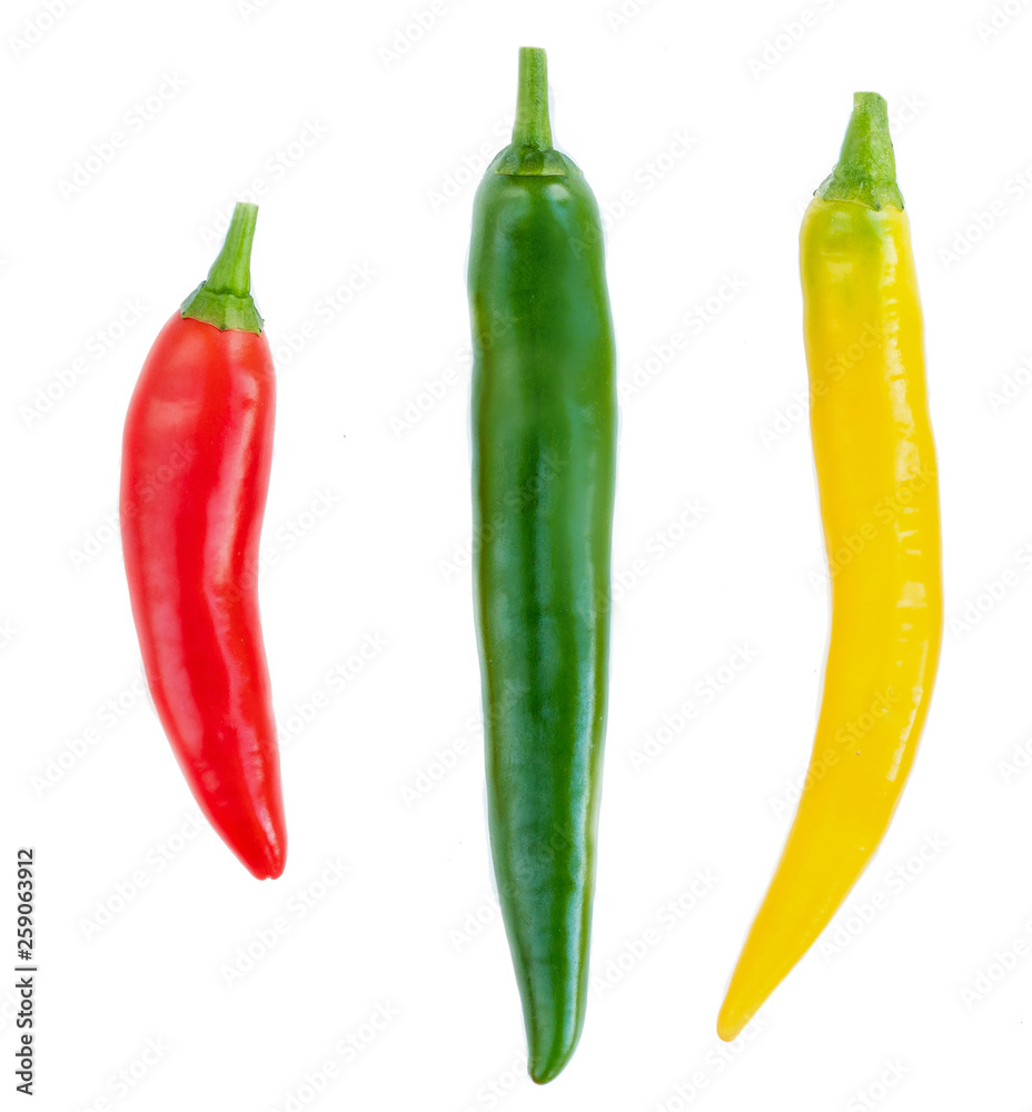 Collection of Chili peppers isolated on a white background. Top view. Food ingredient. Red, Yellow, Green pepper Collection of Chili peppers isolated on a white background. Top view. Food ingredient. Red, Yellow, Green pepper