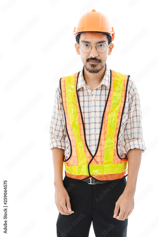 Engineer man standing orange helmet and vest Engineer man standing orange helmet and vest