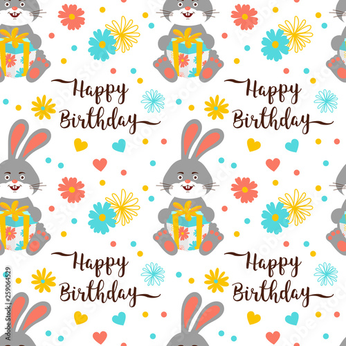 Happy Birthday pattern seamless, Trendy birthday lettering and cartoon bunny with gift. Cute rabbits and flowers. Happy hares wallpaper on white background. Vector pattern seamless © Decobrush