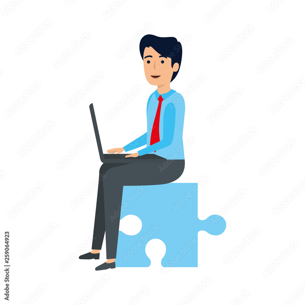 young businessman sitting in puzzle piece