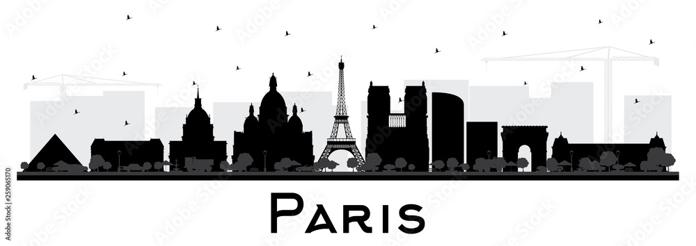 Paris France City Skyline Silhouette with Black Buildings Isolated on White.