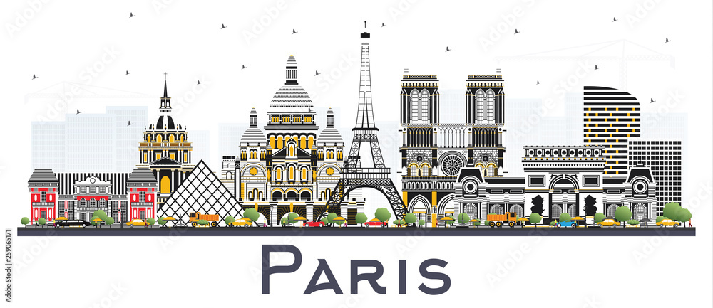 Paris France City Skyline with Color Buildings Isolated on White.