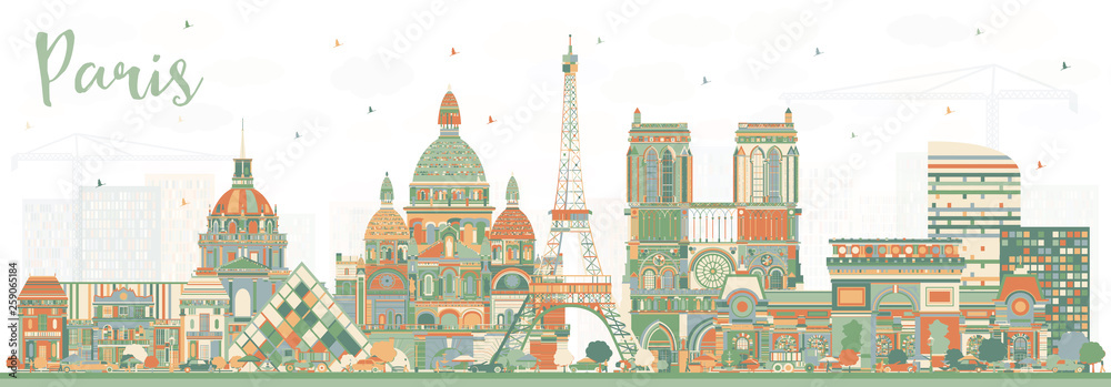 Paris France City Skyline with Color Buildings.