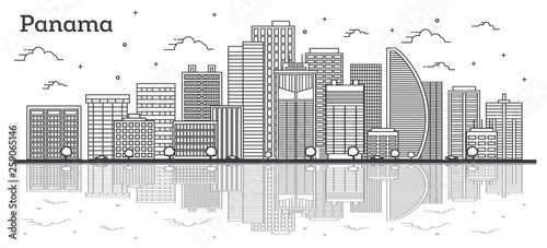 Outline Panama City Skyline with Modern Buildings and Reflections Isolated on White.
