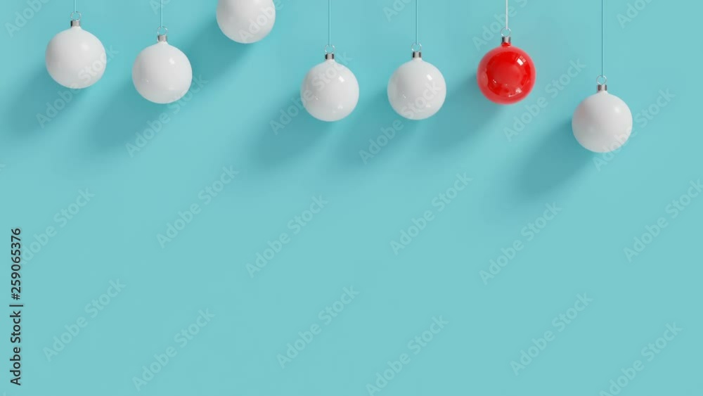Outstanding red balloon among white balloons hanging on blue background. 3D Animation.
