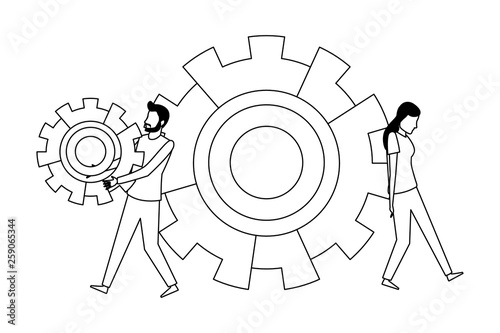 Coworkers teamwork cartoon in black and