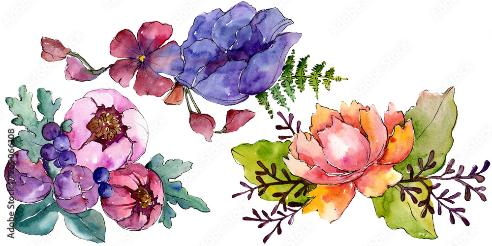 Blue purple bouquet floral botanical flowers. Watercolor background set. Isolated bouquets illustration element.