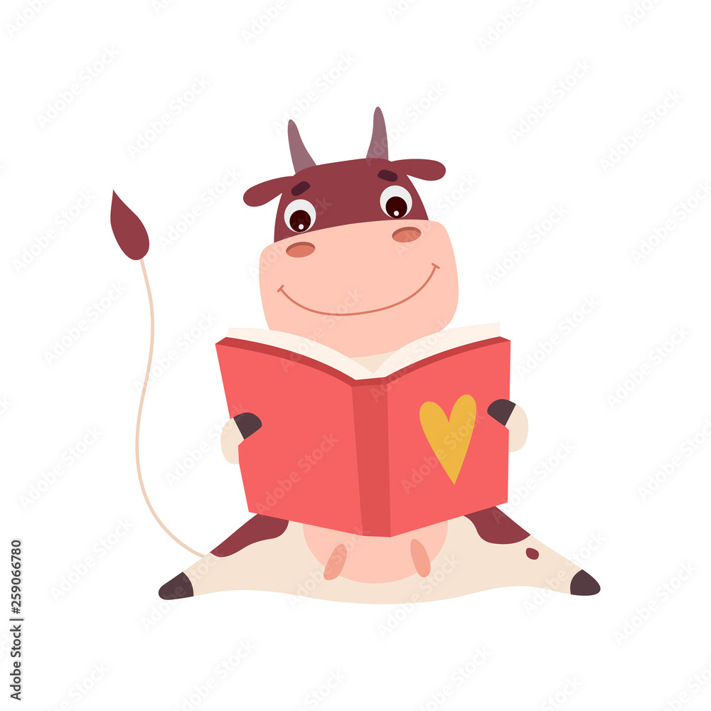 Cute Smiling Cow Sitting on Floor and Reading Book, Funny Farm Animal