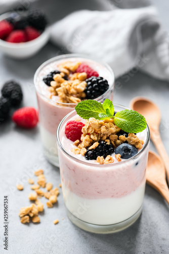 Yogurt with berries and crunchy granola in glass cup. Closeup view, selective focus. Healthy snack, healthy dessert or breakfast