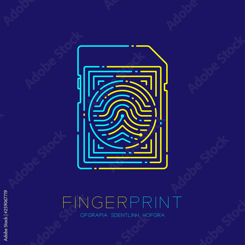SD or memory card shape Fingerprint pattern logo dash line, Gadget concept design, Editable stroke illustration blue and yellow isolated on dark blue background with Fingerprint text and space, vector