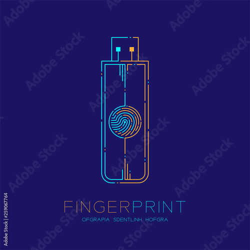 Flash or usb drive shape Fingerprint pattern logo dash line, Gadget concept, Editable stroke illustration blue and orange isolated on dark blue background with Fingerprint text and space, vector