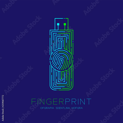 Flash or usb drive shape Fingerprint pattern logo dash line, Gadget concept design, Editable stroke illustration blue and green isolated on dark blue background with Fingerprint text and space, vector