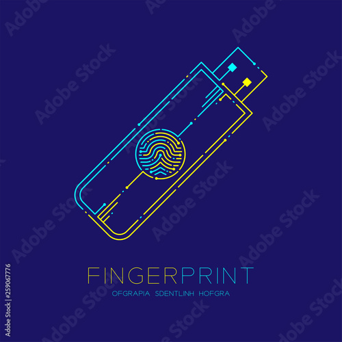 Flash or usb drive shape Fingerprint pattern logo dash line, Gadget concept, Editable stroke illustration blue and yellow isolated on dark blue background with Fingerprint text and space, vector
