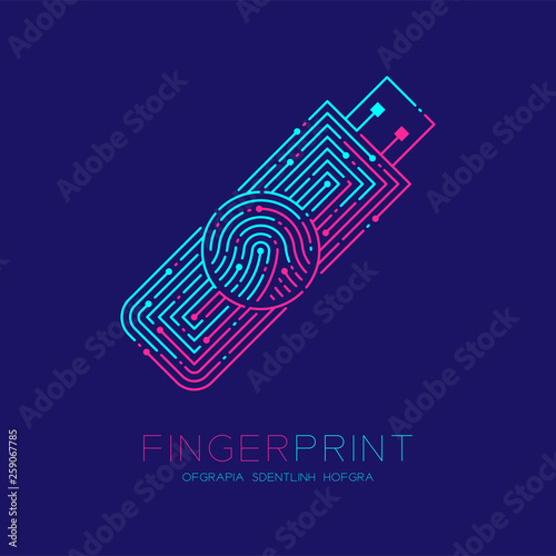 Flash or usb drive shape Fingerprint pattern logo dash line, Gadget concept design, Editable stroke illustration blue and pink isolated on dark blue background with Fingerprint text and space, vector