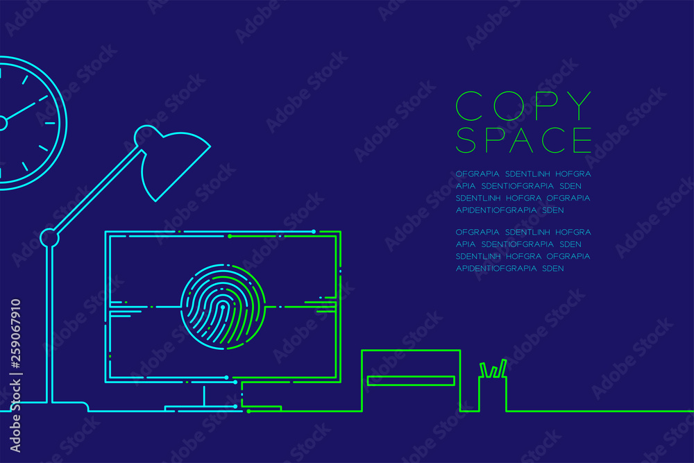 Office workplace and computer with fingerprint dash line, Digital office concept design, Editable stroke illustration blue and green isolated on dark blue background with copy space, vector eps 10