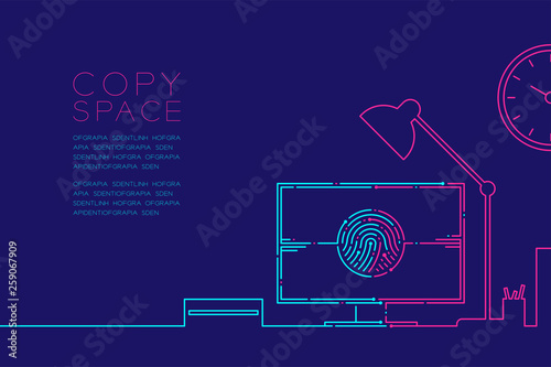 Office workplace and computer with fingerprint dash line, Digital office concept design, Editable stroke illustration blue and pink isolated on dark blue background with copy space, vector eps 10