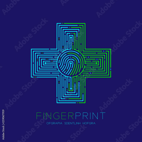 Cross sign shape Fingerprint pattern logo dash line, Safety technology concept design, Editable stroke illustration blue and green isolated on dark blue background with Fingerprint text, vector eps