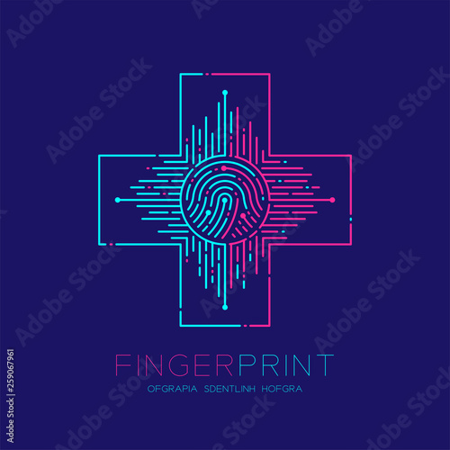 Cross sign shape Fingerprint pattern logo dash line, Safety technology concept design, Editable stroke illustration blue and pink isolated on dark blue background with Fingerprint text, vector eps