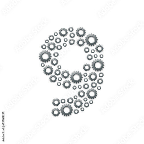 Alphabet set letter number nine or 9, Engineering Gear pattern, Teamwork system concept design illustration isolated on white background, vector eps 10