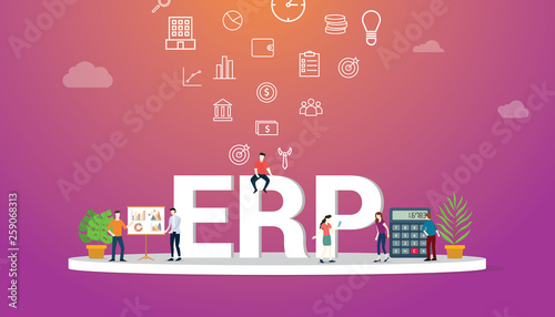erp business concept with team people working together with big text and icon - vector