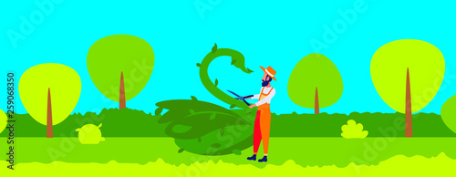 bearded gardener trimming plants in form of big swan sculpture topiary gardens concept animal created from bushes modern garden cityscape flat horizontal full length