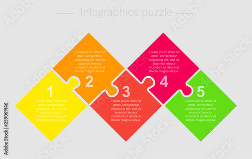 Vector jigsaw puzzle squares info graphic 5 steps.