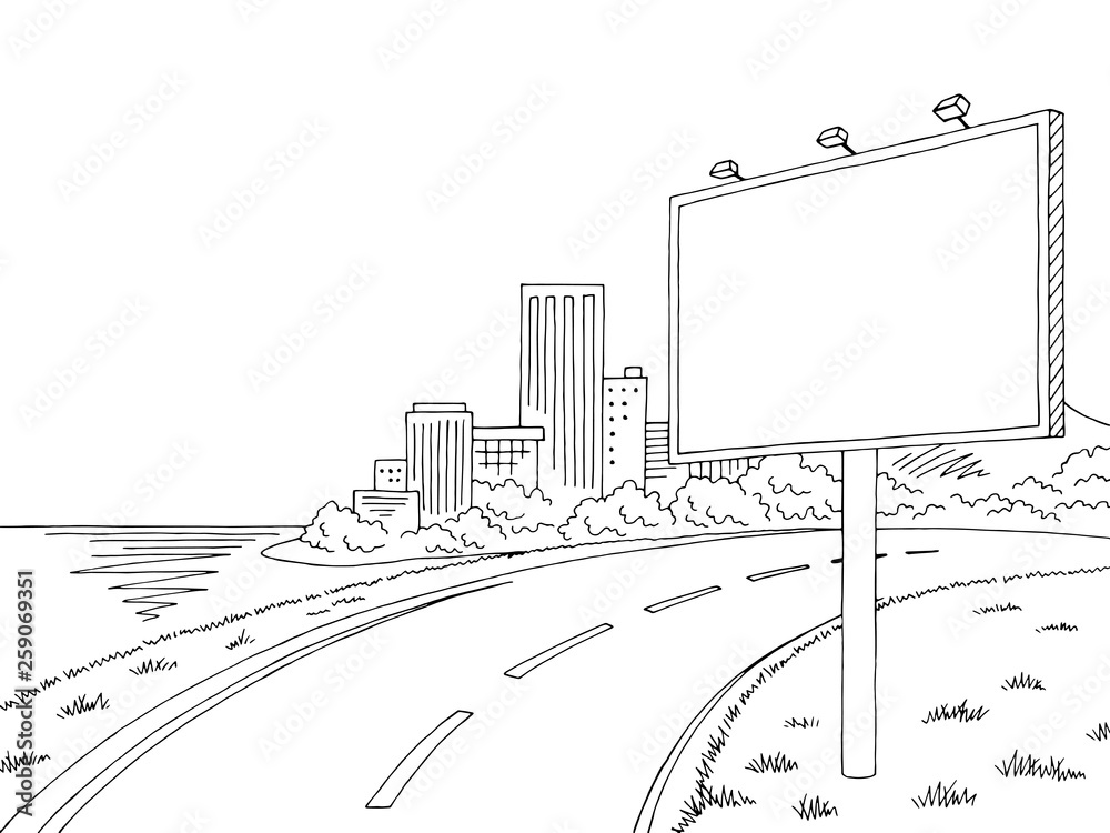Road billboard graphic black white city landscape sketch illustration vector - obrazy, fototapety, plakaty 