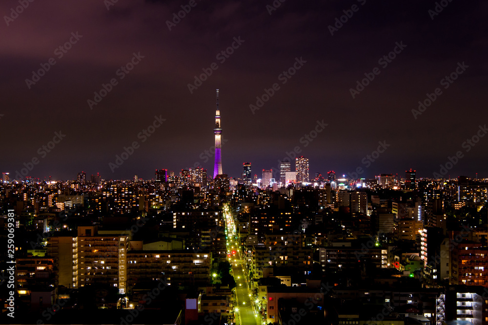 Aerial photography night view of Tokyo Skytree . Tokyo, Japan