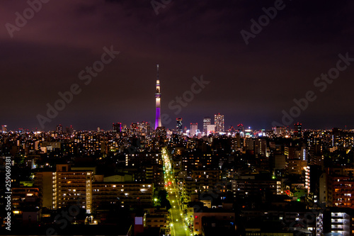Aerial photography night view of Tokyo Skytree . Tokyo  Japan