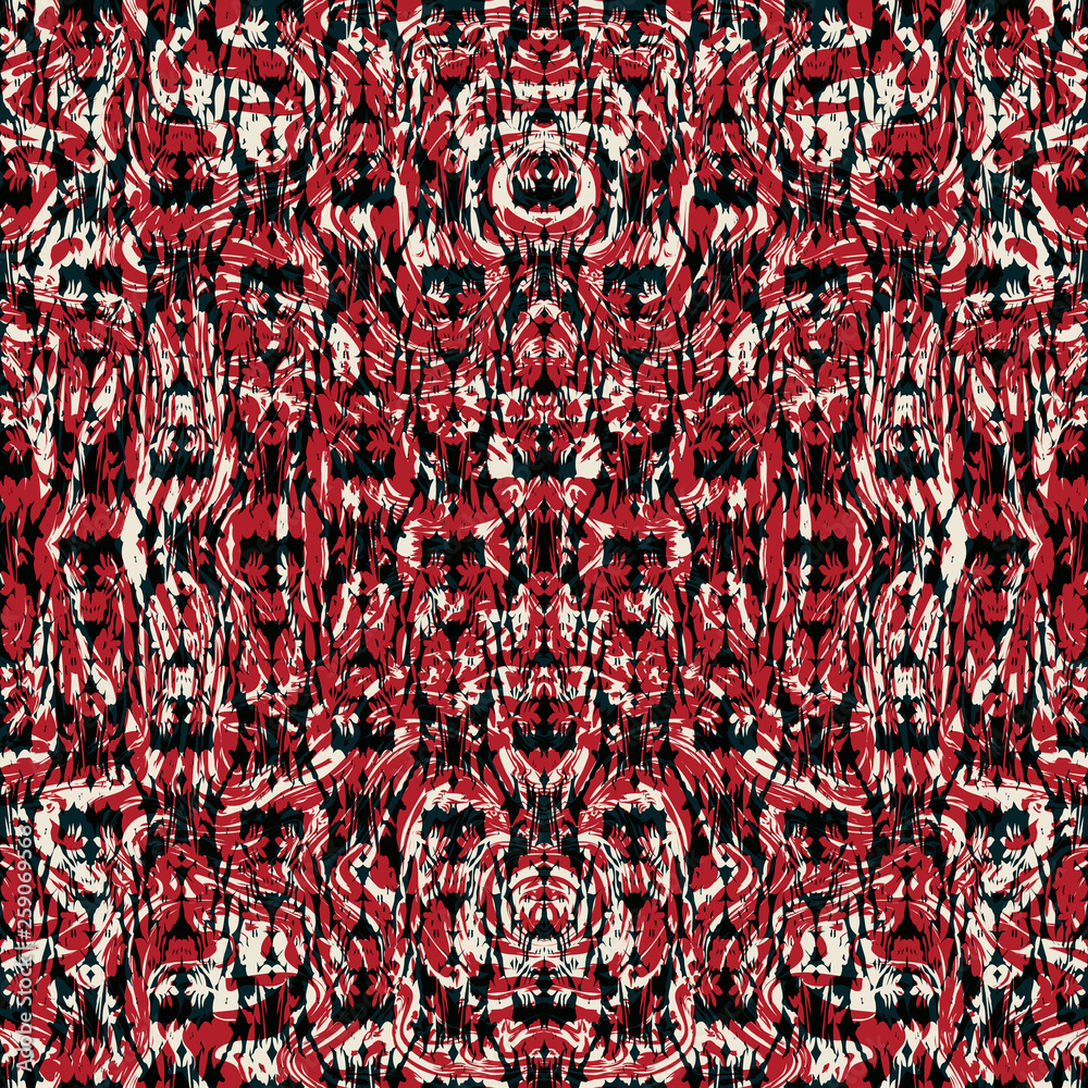 Abstract seamless pattern with mirrored symmetrical, warped stripes and splatters in shades of red, cream and black.