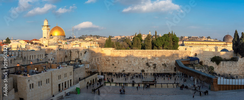 Panoramic view of Temple Mount and Western Wall in Jerusalem Old City at sunset, Jerusalem, Israel. 