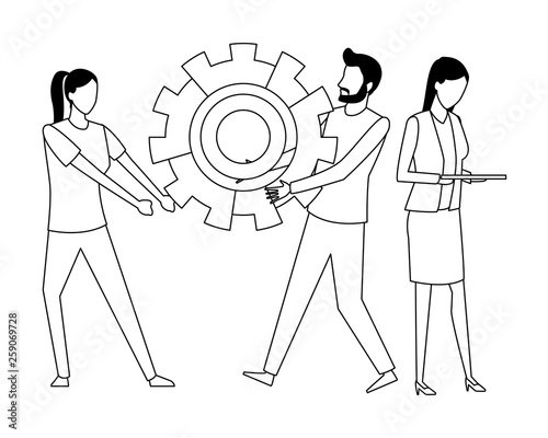 Coworkers teamwork cartoon in black and
