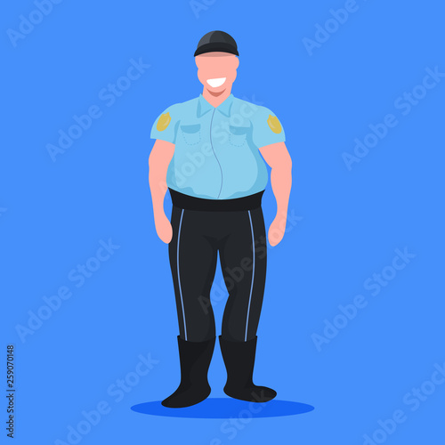 police man officer in uniform male cop security guard professional occupation concept cartoon character full length flat blue background