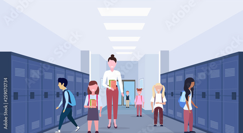 female teacher with mix race schoolchildren group in school lobby corridor interior with rows of blue lockers education concept horizontal full length flat
