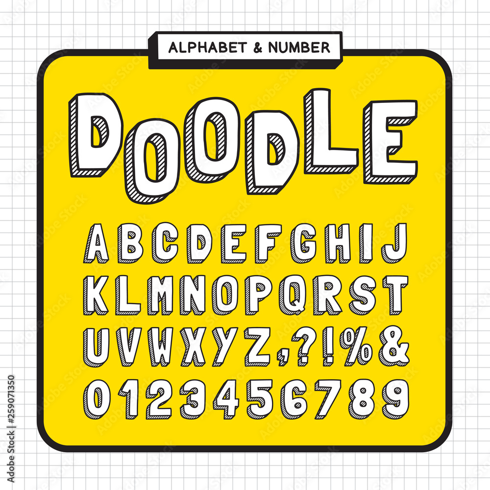 Doodle alphabet and number set. 3D Hand drawn cartoon font with striped shadow, for headline or title design of poster, layout, scrapbook or print. 
