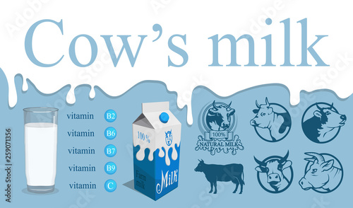 Set of cows milk and logo for milk or yogurt. Fresh milk and label. Vitamins contained in milk. Vector graphics to design