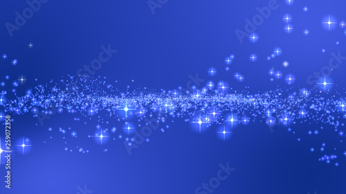 Blue background, digital signature with particles, sparkling waves, curtains and areas with deep depths The particles are white stars. © kokotewan