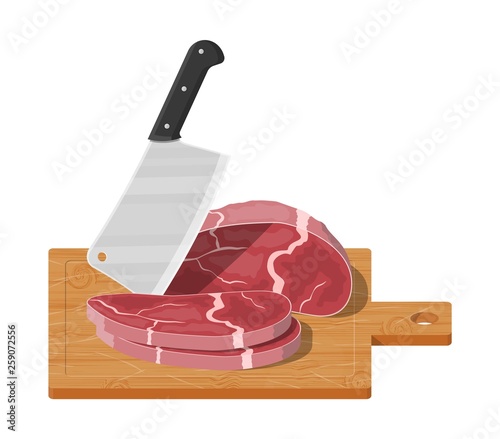 Meat steak chopped on wooden board with kitchen knife. Cutting board, butcher cleaver and piace of meat. Utensils, household cutlery. Cooking, domestic kitchenware. Vector illustration in flat style