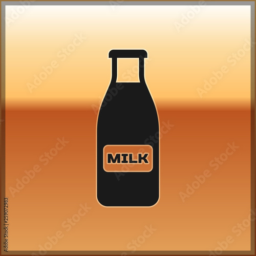 Black Closed glass bottle with milk and cap icon isolated on gold background. Vector Illustration