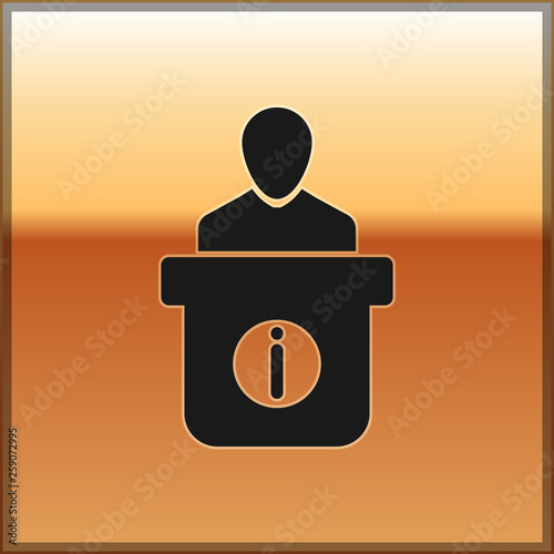 Black Information desk icon isolated on gold background. Man silhouette standing at information desk. Help person symbol. Information counter icon. Vector Illustration