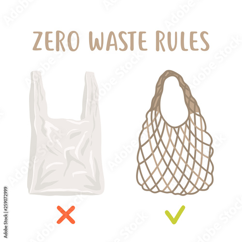 Zero waste rules. Disposable package vs reusable mesh bag. Less plastic vector poster