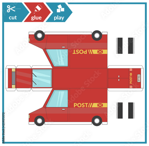 Cut and glue a paper car. Children art game for activity page. Paper 3d model. Vector illustration.