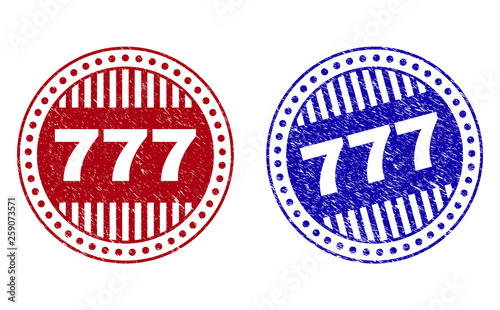 Grunge 777 round stamp seals isolated on a white background. Round seals with grunge texture in red and blue colors. Vector rubber imprint of 777 caption inside circle form with stripes.