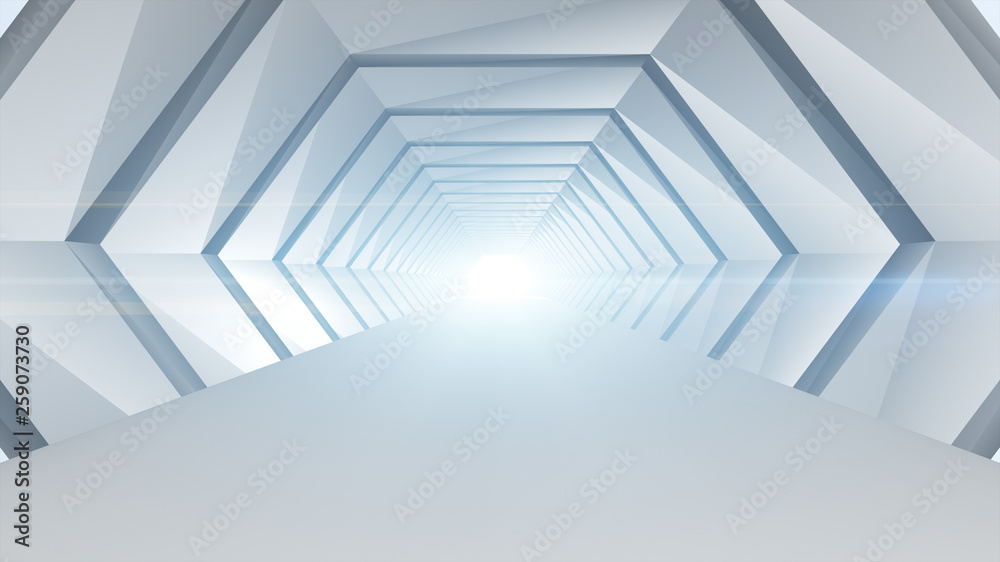 Fototapeta premium Futuristic tunnel abstract geometric background and light beam flicker. Interior design architecture concept.