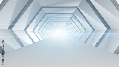Futuristic tunnel abstract geometric background and light beam flicker. Interior design architecture concept.