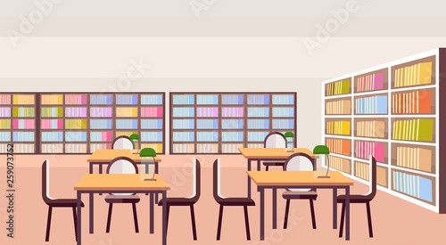 modern library study area bookshelves with books empty no people reading room interior workplace desks education knowledge concept flat horizontal