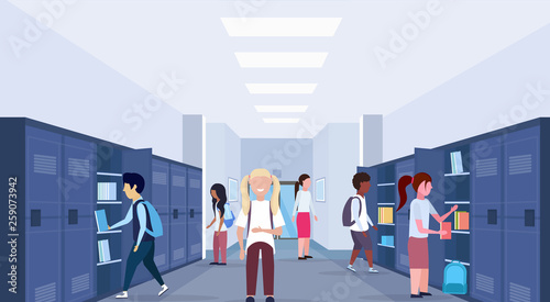 mix race schoolchildren group visiting their lockers modern school corridor interior education concept horizontal full length flat