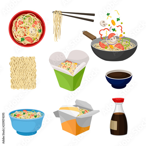 Noodles traditional oriental food. Vector flat illustration.